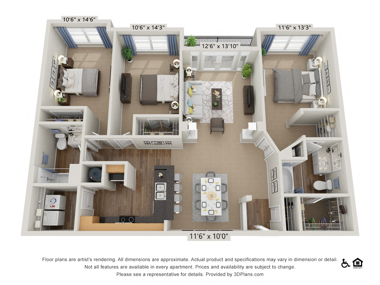 Floor plan for 3 beds, 2 baths, 1470 sqft